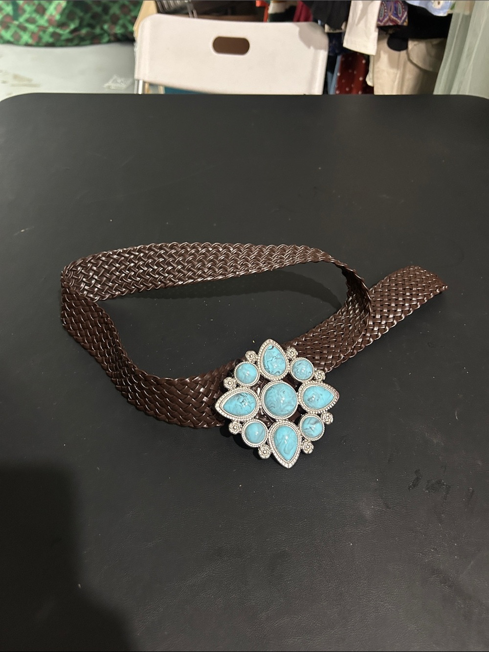 Vintage inspired Brown Woven Belt Turquoise Stone Buckle size Lg? no size tag